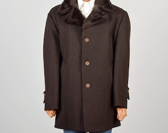 XL 1970s Vintage Chocolate Brown Buttoned Overcoat with Faux Fur Lining