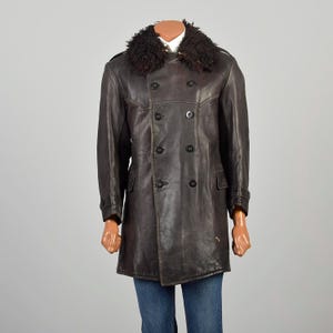 Medium Vintage 1940s Brown Leather Swedish Military Officers Coat Distressed Character Wool Lined Shearling Fur Collar WWII War History Coat