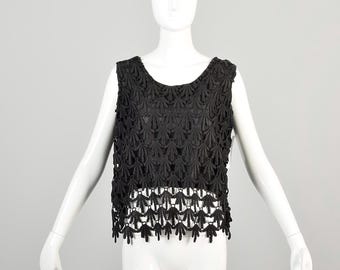 Grote vintage blouse uit de jaren 60, crop top, zwart, met kant, mouwloos, doorschijnend, casual, lichtgewicht, geschikt voor feestjes, lente en zomer, warm weer, ronde hals, laagjesblouse