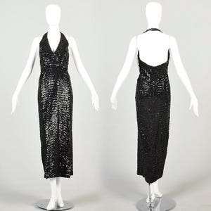 XS/S 1970s Vintage Dress Shiny Back Sequin Maxi Dress Gown Formal Party Cocktail Backless Halter Sexy Slinky New Years Holiday LBD VTG Dress