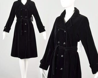 Small Vintage 1970s Black Velvet Belted Trench Coat Long Sleeved Fully Lined Very Good Condition
