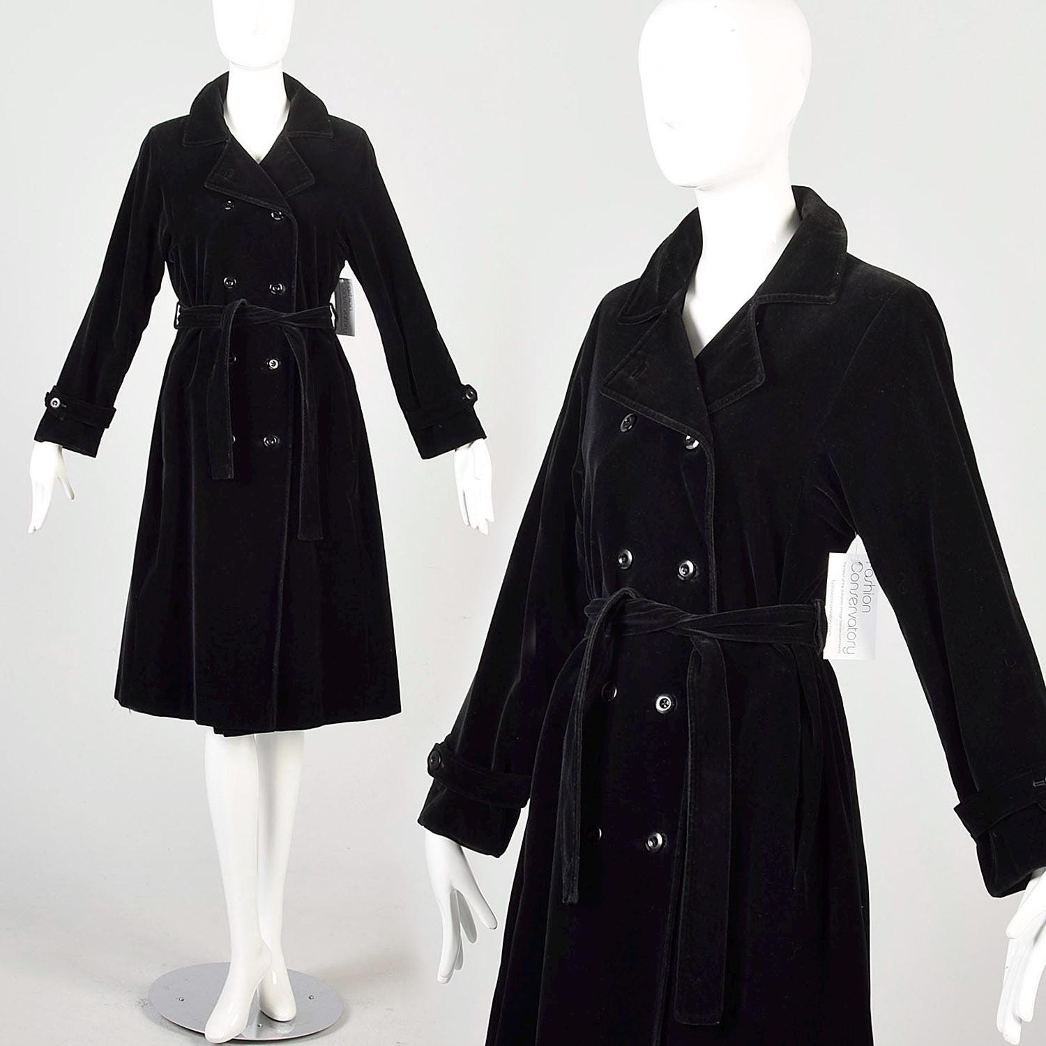 Small Vintage 1970s Black Velvet Belted Trench Coat Long