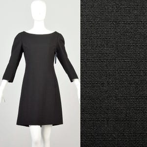Medium Vintage 1960s Galanos Designer Dress LBD Little Black Dress Buttoned Back 3/4 Length Sleeve Mini Classic Everyday Statement Dress