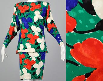 Conjunto pequeño Galanos de los años 80 con estampado floral abstracto, prendas de seda vintage, conjunto de vestido de diseñador de los 80, conjunto de vestido vintage informal.