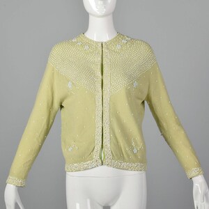 Medium 1960s Green Cardigan Beading Sequin Detail Long Sleeve Cardigan Easter Spring Pastel Sweater 60s Vintage