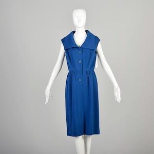 Medium 1970s Royal Blue Dress Wool Knit Sleeveless Wide Collar Business Casual Button Front Dress with Belt