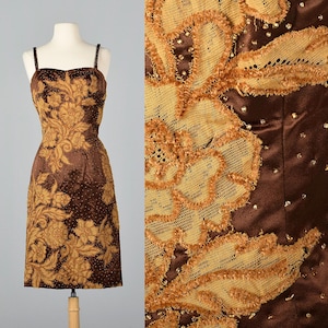 XS 1950s Dress Brown Satin Dress Lace Applique Sleeveless Cocktail Party Evening Wear Wiggle Pencil Skirt 50s Vintage