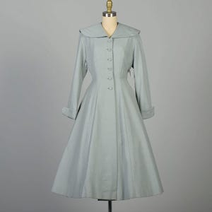 XS 1950s Blue Gray Princess Coat Rhinestone Button Wide Sailor Collar Fit & Flare Full Skirt Winter Wool Overcoat
