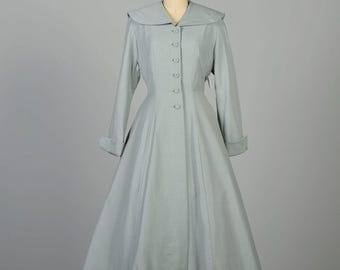 XS 1950s Blue Gray Princess Coat Rhinestone Button Wide Sailor Collar Fit & Flare Full Skirt Winter Wool Overcoat