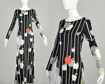 Small 1970s Black Dress Jersey Knit White Stripe Red Grey White Apples Mod Long Sleeve Gene Berk