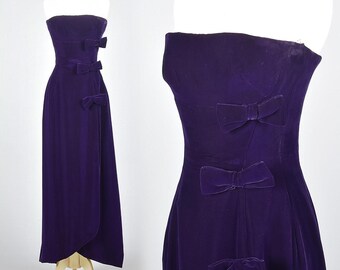 Small 1960s Frank Usher Dress Purple Velvet Maxi Strapless Evening Gown Elegant Formal