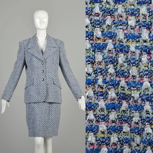 Large 1980s Skirt Suit Designer Blue Tweed Suit Set Office Outfit Blazer Jacket Two Piece