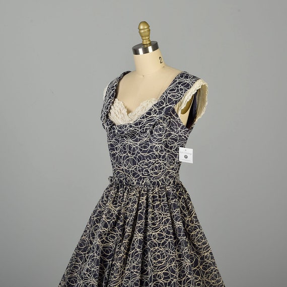 Small 1950s Flocked Party Dress Navy Blue White S… - image 6