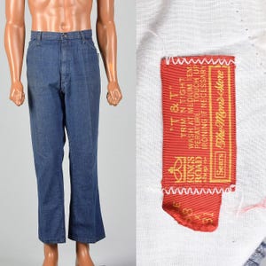Large 1970s Mens Jeans Patch Pockets Flare Leg Vintage Denim Distressed Snap Waist Zip Fly