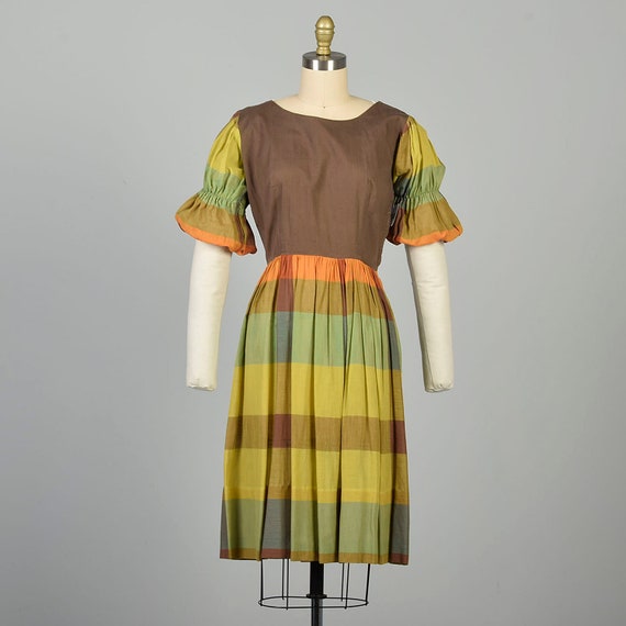 Small 1940s Plaid Cotton Dress Green Brown Mustar… - image 1