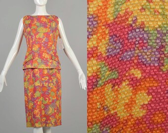 Small 1960s Skirt Suit Set Bright Rainbow Sherbet Sleeveless Colorful Shell Top Set Outfit