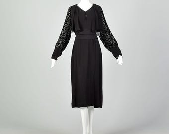 Vestido XL de los años 30 con mangas de terciopelo Devore negro y estilo art déco.