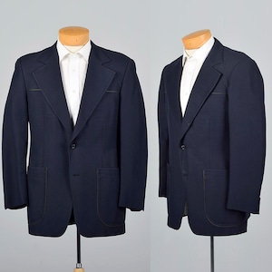 Medium 40R 1970s Mens Navy Blue Blazer Single Vent Wide Lapels Patch Pockets 70s Vintage Jacket