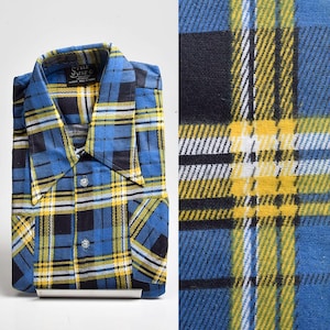 Large 1970s Mens Shirt Deadstock Cotton Flannel Shirt  Blue Yellow 100% Cotton Long Sleeve Button Up Heavy Duty Tailored