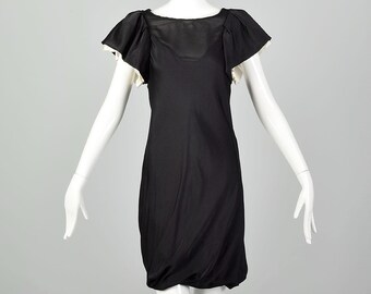 Vestido corto vintage de los años 2000, estilo LBD, negro, con dobladillo abullonado, escote transparente, mangas abullonadas, hombros descubiertos, de seda, para oficina, cóctel, bonito y sexy.