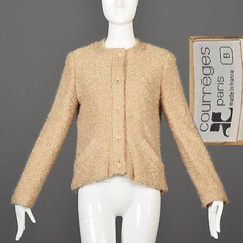 Courreges Strickjacke Courreges Pullover Creme Boucle Strickjacke 60er Jahre Pullover Jacke Vintage Cardigan Designer Vintage Creme Pullover Medium Bild 1