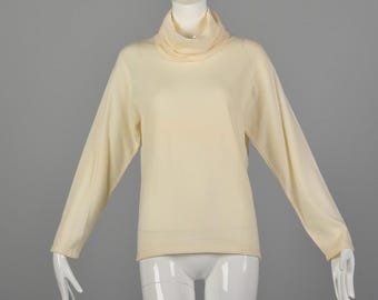 Small Cream Turtleneck Sweater 1980s Wool Lightweight Knit Deadstock Oversized Collar
