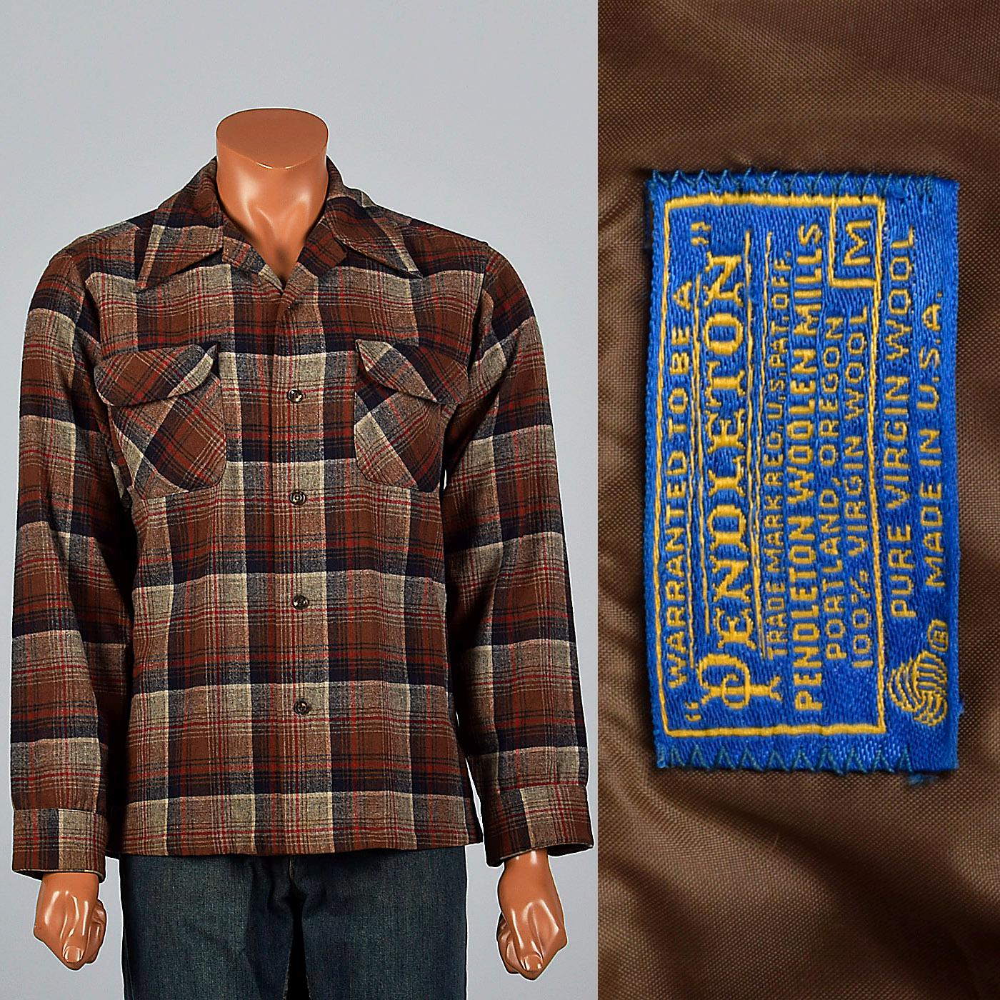 XL 1960s Mens Pendleton Wool Plaid Shirt Long Sleeve Square Cut Patch Pockets Brown Red Winter Vintage 60s Button Down