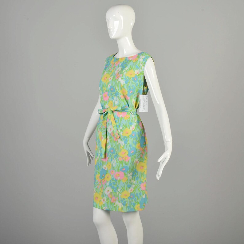 XL 1960s Spring Green Dress Pastel Floral Grass Yellow Pink Blue Sleeveless Summer Casual Colorful Shift Mini Dress image 3