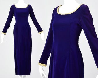 XS 1970s Dress Purple Velvet Maxi Dress Gold Trim Long Evening Gown Winter Holiday Party Evening Wear 70s Vintage