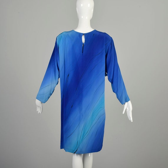 XL 1980s Blue Silk Dress Hand Painted Abstract Bl… - image 4