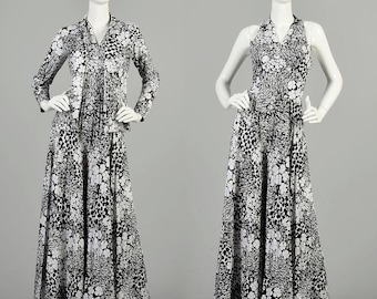 Small 1970s Jumpsuit Set Black And White Printed Palazzo Pant Jacket Top Set