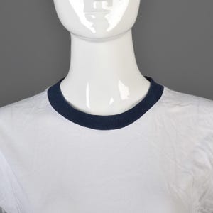 Small Deadstock 1970s Ringer Tee 70s T-Shirt TShirt White Cotton Navy Blue Ribbed Knit image 4