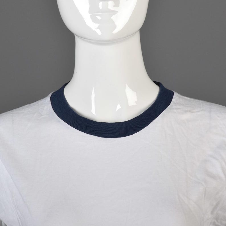 Small Deadstock 1970s Ringer Tee 70s T-Shirt TShirt White Cotton Navy Blue Ribbed Knit image 4