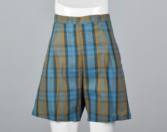Pantalones cortos a cuadros de los años 50, con cremallera lateral, rayas marrones y azules, pierna acampanada, pantalones cortos vintage de verano para mujer de los años 50