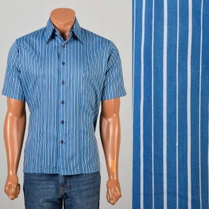 Medium 1960s Blue and White Striped Short Sleeve Button Down Shirt