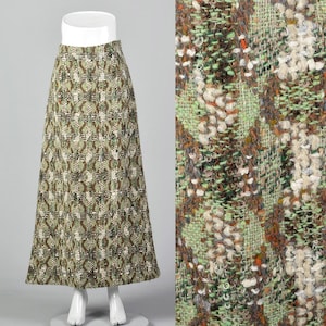 Small Homemade Wool Tweed Maxi Skirt Unique Green Brown Vintage 1980s Long Skirt