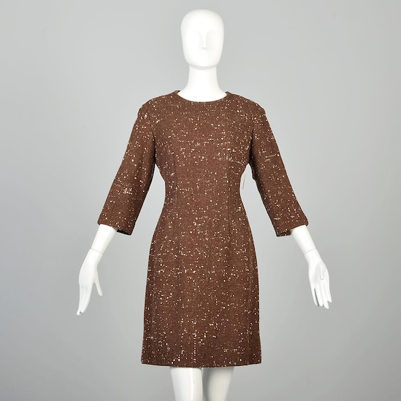 Medium 1960s Brown Cream Fleck Tweed Heavy Wool Winter Dress 3/4 Sleeve Mini Sheath