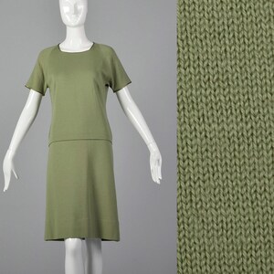 XS Wool Skirt Set Short Sleeve Knit Stretch A Line Silk Trim Two Piece Green Skirt Shirt Top 1960s Vintage Separates
