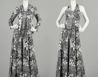 Small 1970s Jumpsuit Set Black And White Printed Palazzo Pant Jacket Top Set