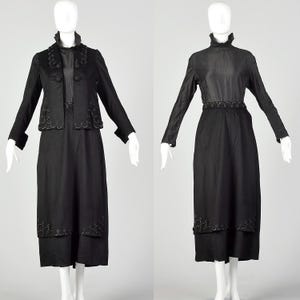 XS 1910s Antique Edwardian Walking Suit Black Wool Cotton Three Piece Ensemble Jacket Blouse Skirt
