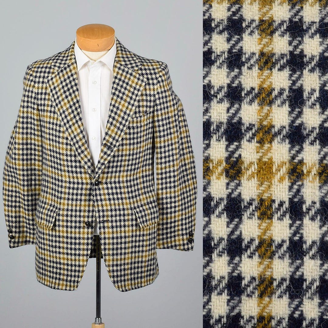 39S 1970s Mens Mod Blazer Wool Tweed Jacket Plaid Houndstooth