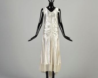 Large 1930s Pearl White Dress Gathered Ruched Drop Waist Sleeveless Hi-Low Hem Full Skirt Elegant Full Skirt Midi Dress