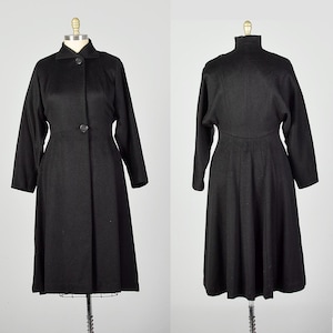 Large 1950s Princess Coat Black Batwing Wool Dolman Sleeve Winter Minimalist Vintage Elegant