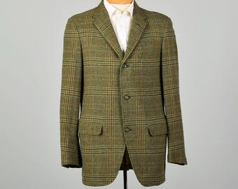 1960s Mens Wool Tweed Jacket Plaid Three Button Slim Lapel