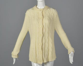 Medium 1970s White Cable Knit Cardigan Long Sleeve Button Front Cardigan Knit Separates Long Sleeve Separates 70s Vintage