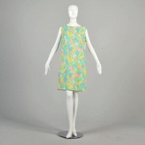 XL 1960s Spring Green Dress Pastel Floral Grass Yellow Pink Blue Sleeveless Summer Casual Colorful Shift Mini Dress image 8