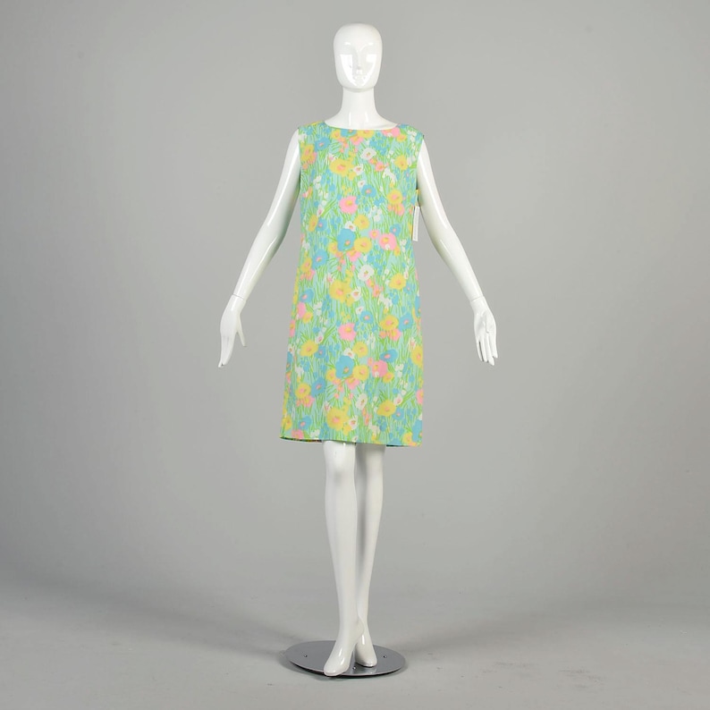 XL 1960s Spring Green Dress Pastel Floral Grass Yellow Pink Blue Sleeveless Summer Casual Colorful Shift Mini Dress image 8