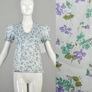 1970s XS Light Blue Smocked Floral Blouse Tie Back Short Balloon Sleeves