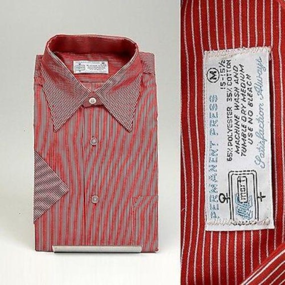 Deadstock NOS Mens Vintage 70s Red White Stripe Wing Collar Permanent Press Short Sleeve Shirt M 15 15.5