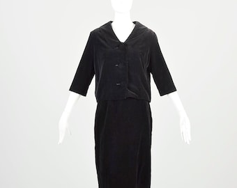 XS Vintage 1960s Two Piece Black Velvet Suit Separates Jacket with Cropped Sleeves and Pencil Skirt
